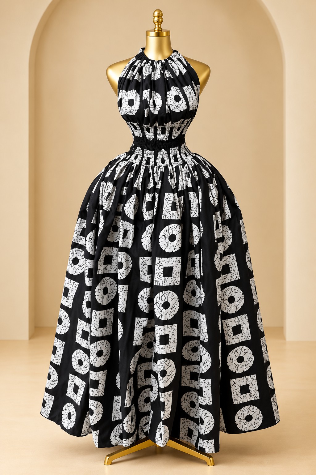 Monochrome Motif Halter Maxi Dress
